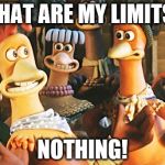 chicken run | WHAT ARE MY LIMITS? NOTHING! | image tagged in chicken run | made w/ Imgflip meme maker