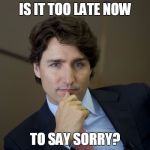 Justin Trudeau | IS IT TOO LATE NOW; TO SAY SORRY? | image tagged in justin trudeau,sorry,canada,topical,trudeau | made w/ Imgflip meme maker