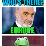 Sean and Kermit | KNOCK KNOCK; WHO'S THERE? EUROPE; EUROPE WHO? NO, YOU'RE A POO! | image tagged in sean and kermit,memes | made w/ Imgflip meme maker