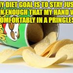 pringles | MY DIET GOAL IS TO STAY JUST THIN ENOUGH THAT MY HAND WILL FIT COMFORTABLY IN A PRINGLES CAN | image tagged in pringles,diet,funny,funny memes,memes,dieting | made w/ Imgflip meme maker