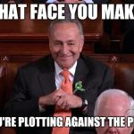 Chuck Schumer Creepy | THAT FACE YOU MAKE; WHEN YOU'RE PLOTTING AGAINST THE PRESIDENT! | image tagged in chuck schumer creepy | made w/ Imgflip meme maker