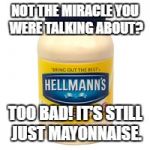 mayonnaise | NOT THE MIRACLE YOU WERE TALKING ABOUT? TOO BAD! IT'S STILL JUST MAYONNAISE. | image tagged in mayonnaise | made w/ Imgflip meme maker