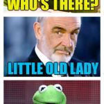 Sean and Kermit | KNOCK KNOCK; WHO'S THERE? LITTLE OLD LADY; LITTLE OLD LADY WHO ? YE'D MAKE A FINE SCOTTISH YODELER, LADDIE! | image tagged in sean and kermit,memes,knock knock,yodeling | made w/ Imgflip meme maker