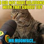 Mr Moonface tells it differently... :) | I DID NOT HAVE RELATIONS WITH THAT CUDDLY TOY; MR MOONFACE... | image tagged in cat giving an interview,memes,cats,animals,bill clinton,monica lewinsky | made w/ Imgflip meme maker