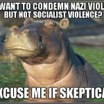 Skeptical Hippo | YOU WANT TO CONDEMN NAZI VIOLENCE; BUT NOT SOCIALIST VIOLENCE? EXCUSE ME IF SKEPTICAL | image tagged in skeptical hippo | made w/ Imgflip meme maker