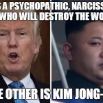 Trump Kim Jong un  | ONE IS A PSYCHOPATHIC, NARCISSISTIC LIAR WHO WILL DESTROY THE WORLD... THE OTHER IS KIM JONG-UN | image tagged in trump kim jong un | made w/ Imgflip meme maker