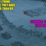 do your duty | BOLTONS: I THINK WE GOT THEM, THEY HAVE LESS FORCES THAN US; STANNIS: THE CORRECT TERM IS ''FEWER'' | image tagged in do your duty,scumbag | made w/ Imgflip meme maker