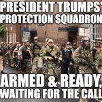 trump's militia | PRESIDENT TRUMPS'; PROTECTION SQUADRON; ARMED & READY, WAITING FOR THE CALL | image tagged in trump's militia | made w/ Imgflip meme maker