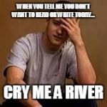 Sad Justin timberlake | WHEN YOU TELL ME YOU DON'T WANT TO READ OR WRITE TODAY... CRY ME A RIVER | image tagged in sad justin timberlake | made w/ Imgflip meme maker