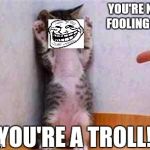 THEY'RE NOT ALL EQUALLY OBVIOUS :D | YOU'RE NOT FOOLING ME! YOU'RE A TROLL!! | image tagged in funny,coward cat,trolls,humor,imgflip,memes | made w/ Imgflip meme maker