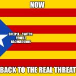 Barcelona terror | NOW; SHEEPLE....SWITCH PROFILE BACKGROUNDS; BACK TO THE REAL THREAT | image tagged in barcelona terror | made w/ Imgflip meme maker