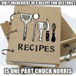 Chuck Norris recipe | THE ONLY INGREDIENT IN A RECIPE FOR DESTRUCTION; IS ONE PART CHUCK NORRIS | image tagged in recipe book,memes,chuck norris | made w/ Imgflip meme maker