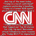 FAKE NEWS AWARD | And top of the news today: "Trump is a racist confirmed!" replaces yesterday's headline, "Trump is a former KGB agent!", which replaced the prior week's; "Trump's a NAZI" bombshell that topped our Top 10 stories for July. Up next, Barcelona attack followed by more reasons why Trump MUST be impeached! | image tagged in fake news award | made w/ Imgflip meme maker