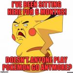 Derp Pikachu | I'VE BEEN SITTING HERE FOR 6 MONTHS! DOESN'T ANYONE PLAY POKEMON GO ANYMORE? | image tagged in derp pikachu | made w/ Imgflip meme maker
