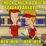 The '60's vs. The '80's : Beavis and Butthead try the "Name Game" | CHUCK CHUCK BO BUCK BANANA FANNA FO . . . HEH , HEH . . . HEH , HEH . . . | image tagged in beavis and butthead burger world,name,game,i see you are a man of culture as well | made w/ Imgflip meme maker