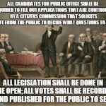 constitutional convention | ALL CANDIDATES FOR PUBLIC OFFICE SHALL BE REQUIRED TO FILL OUT APPLICATIONS THAT ARE CONTROLLED BY A CITIZENS COMMISSION THAT SOLICITS INPUT FROM THE PUBLIC TO DECIDE WHAT QUESTIONS TO ASK! ALL LEGISLATION SHALL BE DONE IN THE OPEN; ALL VOTES SHALL BE RECORDED AND PUBLISHED FOR THE PUBLIC TO SEE! | image tagged in constitutional convention | made w/ Imgflip meme maker