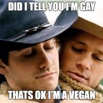 brokeback mountain | DID I TELL YOU I'M GAY; THATS OK I'M A VEGAN | image tagged in brokeback mountain | made w/ Imgflip meme maker