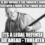 Old woman  | IT IS SELF DEFENSE IF YOU THREATEN A SENIOR CITIZEN WITH A PUNCH IN THE THROAT OR FACE; ITS A LEGAL DEFENSE SO GO AHEAD - THREATEN ME | image tagged in old woman | made w/ Imgflip meme maker