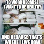 work fridge | I BRING ALL MY FOOD TO WORK BECAUSE I WANT TO BE HEALTHY; AND BECAUSE THAT'S WHERE I LIVE NOW | image tagged in work fridge | made w/ Imgflip meme maker