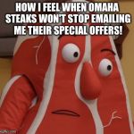 Steak Guy | HOW I FEEL WHEN OMAHA STEAKS WON'T STOP EMAILING ME THEIR SPECIAL OFFERS! | image tagged in steak guy | made w/ Imgflip meme maker