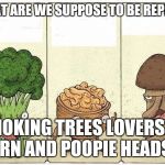 Two Veggies And A Nut | WHAT ARE WE SUPPOSE TO BE REPPIN? SMOKING TREES LOVERS OF CORN AND POOPIE HEADS?! | image tagged in two veggies and a nut | made w/ Imgflip meme maker