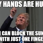 Donald Trump looking at eclipse | MY HANDS ARE HUGE; I CAN BLOCK THE SUN WITH JUST ONE FINGER | image tagged in donald trump looking at eclipse | made w/ Imgflip meme maker