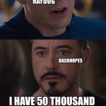 Marvel Civil War Meme | I HAVE 10 MILLION POINTS I HAVE 50 THOUSAND CREATIONS RAYDOG DASHHOPES | image tagged in memes,marvel civil war | made w/ Imgflip meme maker