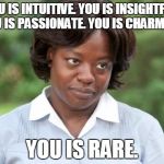 the help | YOU IS INTUITIVE. YOU IS INSIGHTFUL. YOU IS PASSIONATE. YOU IS CHARMING. YOU IS RARE. | image tagged in the help | made w/ Imgflip meme maker