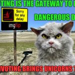 Reverse Psychology for the Newbies | UPVOTING IS THE GATEWAY TO MORE; DANGEROUS DRUGS; DOWNVOTING BRINGS UNICORNS TO LIFE | image tagged in imgflip sorry with pompous cat,grumpy cat reverse,downvote fairy | made w/ Imgflip meme maker