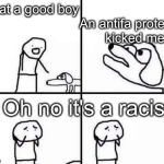 Anti-Antifa dog | An antifa protester kicked me; What a good boy; Oh no it's a racist | image tagged in retarded dog,antifa,racist,memes | made w/ Imgflip meme maker