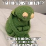 sad kermit | WHY DO MY PARENTS THINK I'M THE WORST KID EVER? I COULD BE HOEING AROUND AND SELLING DRUGS, BUT INSTEAD MY ROOM IS MESSY AND I DON'T COOK | image tagged in sad kermit | made w/ Imgflip meme maker