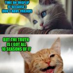 Sad Happy Cat | SOME PEOPLE SAY THE REASON I SPENT SO MUCH TIME ON IMGFLIP IS BECAUSE I DON'T HAVE FRIENDS; BUT THE TRUTH IS I GOT ALL 10 SEASONS OF IT | image tagged in sad happy cat,memes,funny,friends | made w/ Imgflip meme maker