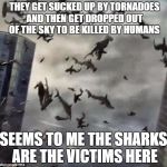 What's Next....Jewnado? | THEY GET SUCKED UP BY TORNADOES AND THEN GET DROPPED OUT OF THE SKY TO BE KILLED BY HUMANS; SEEMS TO ME THE SHARKS ARE THE VICTIMS HERE | image tagged in sharknado,shark week,memes | made w/ Imgflip meme maker