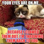 Grumpy Cat Eye Candy | YOUR EYES ARE ON ME,... ...BECAUSE I CLAWED THEM OUT. I'M THROWING THEM BACK TO YOU. | image tagged in grumpy cat news,crazy eyes,eye candy,fake news,badass,bad news | made w/ Imgflip meme maker