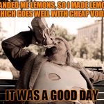 any day bad luck gives you a mixer is a good day | LIFE HANDED ME LEMONS, SO I MADE LEMONADE, WHICH GOES WELL WITH CHEAP VODKA; IT WAS A GOOD DAY | image tagged in it was a good day bum,memes,it was a good day,bum,when life gives you lemons | made w/ Imgflip meme maker