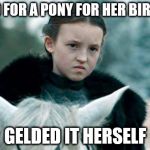 Badass-by-Bedtime Lady Lyanna Mormont | ASKED FOR A PONY FOR HER BIRTHDAY; GELDED IT HERSELF | image tagged in badass-by-bedtime lady lyanna mormont | made w/ Imgflip meme maker
