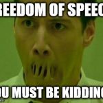 Neo Matrix Mouth | FREEDOM OF SPEECH; YOU MUST BE KIDDING... | image tagged in neo matrix mouth | made w/ Imgflip meme maker