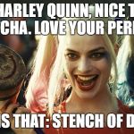 Harley quinn | "HARLEY QUINN, NICE TO MEETCHA. LOVE YOUR PERFUME. WHAT IS THAT: STENCH OF DEATH?" | image tagged in harley quinn | made w/ Imgflip meme maker