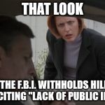 That look | THAT LOOK; WHEN THE F.B.I. WITHHOLDS HILLARY'S EMAILS, CITING "LACK OF PUBLIC INTEREST" | image tagged in that look | made w/ Imgflip meme maker