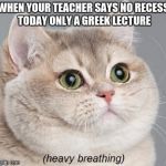 fat cat | WHEN YOUR TEACHER SAYS NO RECESS TODAY ONLY A GREEK LECTURE | image tagged in fat cat | made w/ Imgflip meme maker