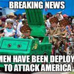 North Korean army | BREAKING NEWS; 5 MEN HAVE BEEN DEPLOYED TO ATTACK AMERICA | image tagged in north korean army,scumbag | made w/ Imgflip meme maker