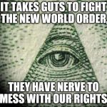 Illuminati | IT TAKES GUTS TO FIGHT THE NEW WORLD ORDER, THEY HAVE NERVE TO MESS WITH OUR RIGHTS. | image tagged in illuminati | made w/ Imgflip meme maker