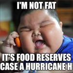 fat chinese kid | I'M NOT FAT; IT'S FOOD RESERVES IN CASE A HURRICANE HITS | image tagged in fat chinese kid | made w/ Imgflip meme maker