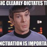 Quizzical Spock | LOGIC CLEARLY DICTATES THAT; PUNCTUATION IS IMPORTANT! | image tagged in quizzical spock | made w/ Imgflip meme maker