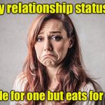 When "single" just doesn't quite describe it | My relationship status? Table for one but eats for two | image tagged in sad woman,memes,relationship status | made w/ Imgflip meme maker