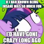 Twilight Sparkle crazy | IF I HAD KNOWN BEING INSANE WAS SO MUCH FUN; I'D HAVE GONE CRAZY LONG AGO | image tagged in twilight sparkle crazy | made w/ Imgflip meme maker