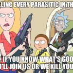 Beth and her family kills parasites, they make Jerry or they kill him as well | WE'RE KILLING EVERY PARASITIC IN THIS HOUSE; JERRY, IF YOU KNOW WHAT'S GOOD FOR YOU, YOU'LL JOIN US OR WE KILL YOU AS WELL | image tagged in rick and morty,rick and morty get schwifty,rick and morty inter-dimensional cable | made w/ Imgflip meme maker