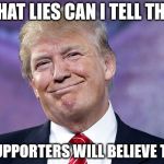 Donald Trump Smirk | WHAT LIES CAN I TELL THAT; MY SUPPORTERS WILL BELIEVE TODAY | image tagged in donald trump smirk | made w/ Imgflip meme maker