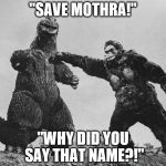 godzilla and kong | "SAVE MOTHRA!"; "WHY DID YOU SAY THAT NAME?!" | image tagged in godzilla and kong | made w/ Imgflip meme maker