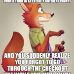 OH $#!% | WHEN YOU JUST DROVE ALL THE WAY HOME FROM A STORE IN AN ENTIRELY DIFFERENT COUNTY; AND YOU SUDDENLY REALIZE YOU FORGOT TO GO THROUGH THE CHECKOUT LINE WHILE YOU WERE THERE. | image tagged in zootopia fox | made w/ Imgflip meme maker